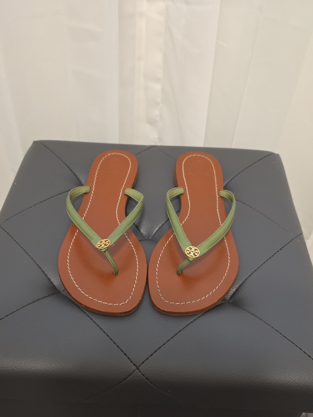 Tory Burch Olive Strap Flip Sandals with Brown Footbed and Gold Logo